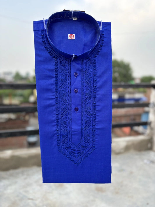 Cotton Embroidered Kurta for Men (Royal Blue)