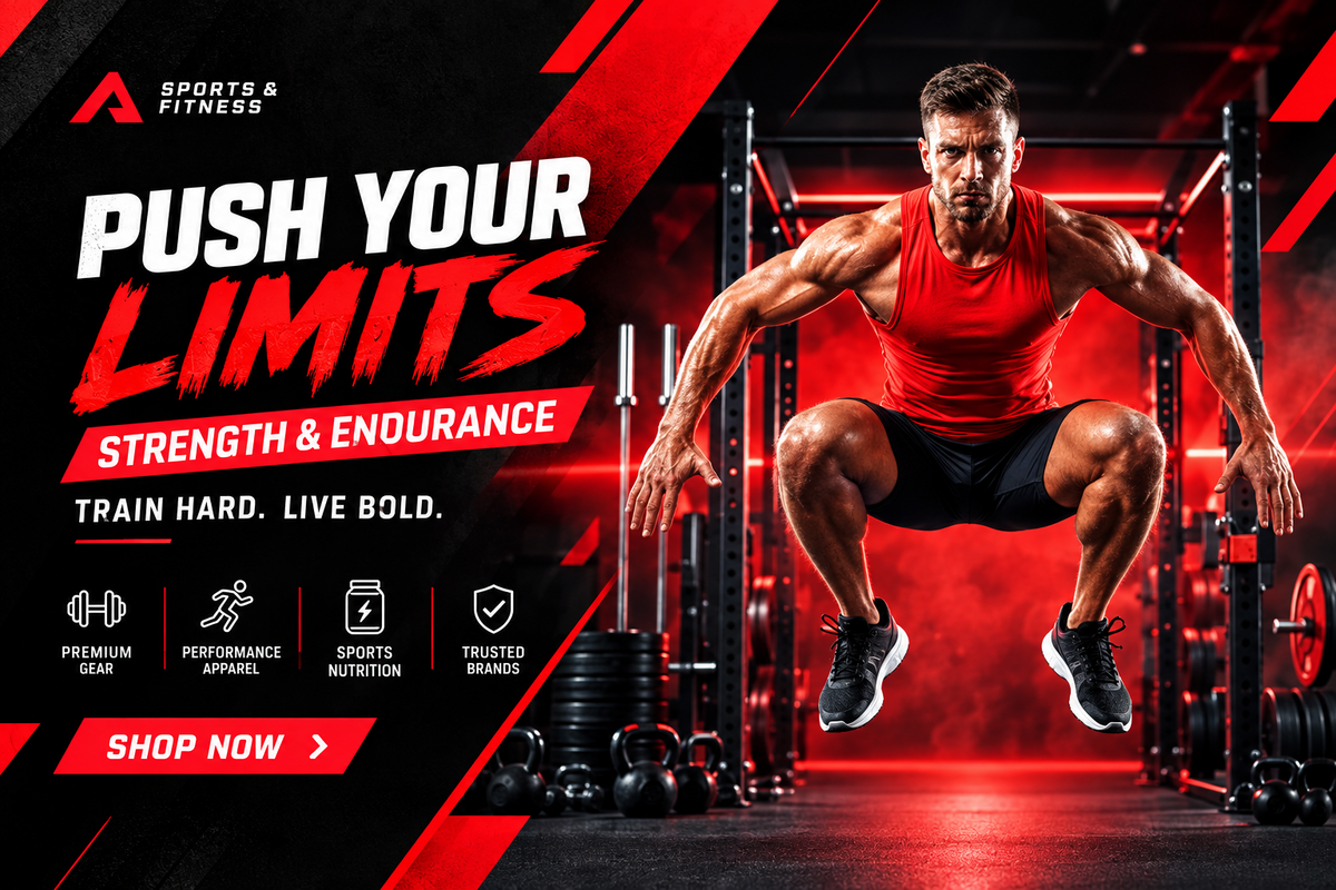 A motivational fitness advertisement featuring a male athlete in an orange tank top and black shorts performing a squat in a gym setting with a power rack, kettlebells, and barbell weights. The left side of the image features a dark navy background with bold white and orange text reading 'PUSH YOUR LIMITS', 'STRENGTH & ENDURANCE', and 'TRAIN HARD.